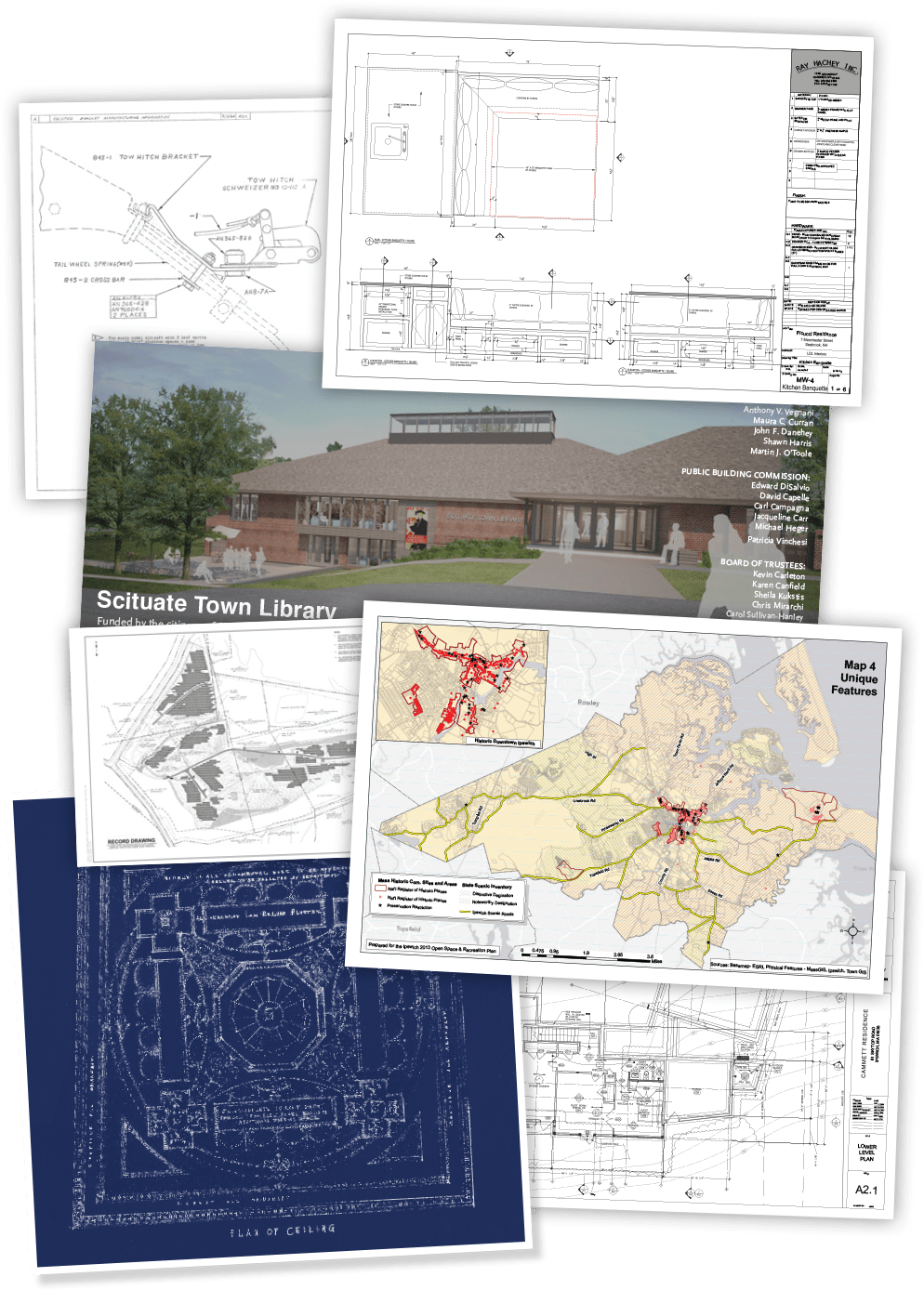 Collage of traditional blueprint, schematic drawing, engineering print, zoning map, architectural plan, architectural rendering, plot plan, floor plan