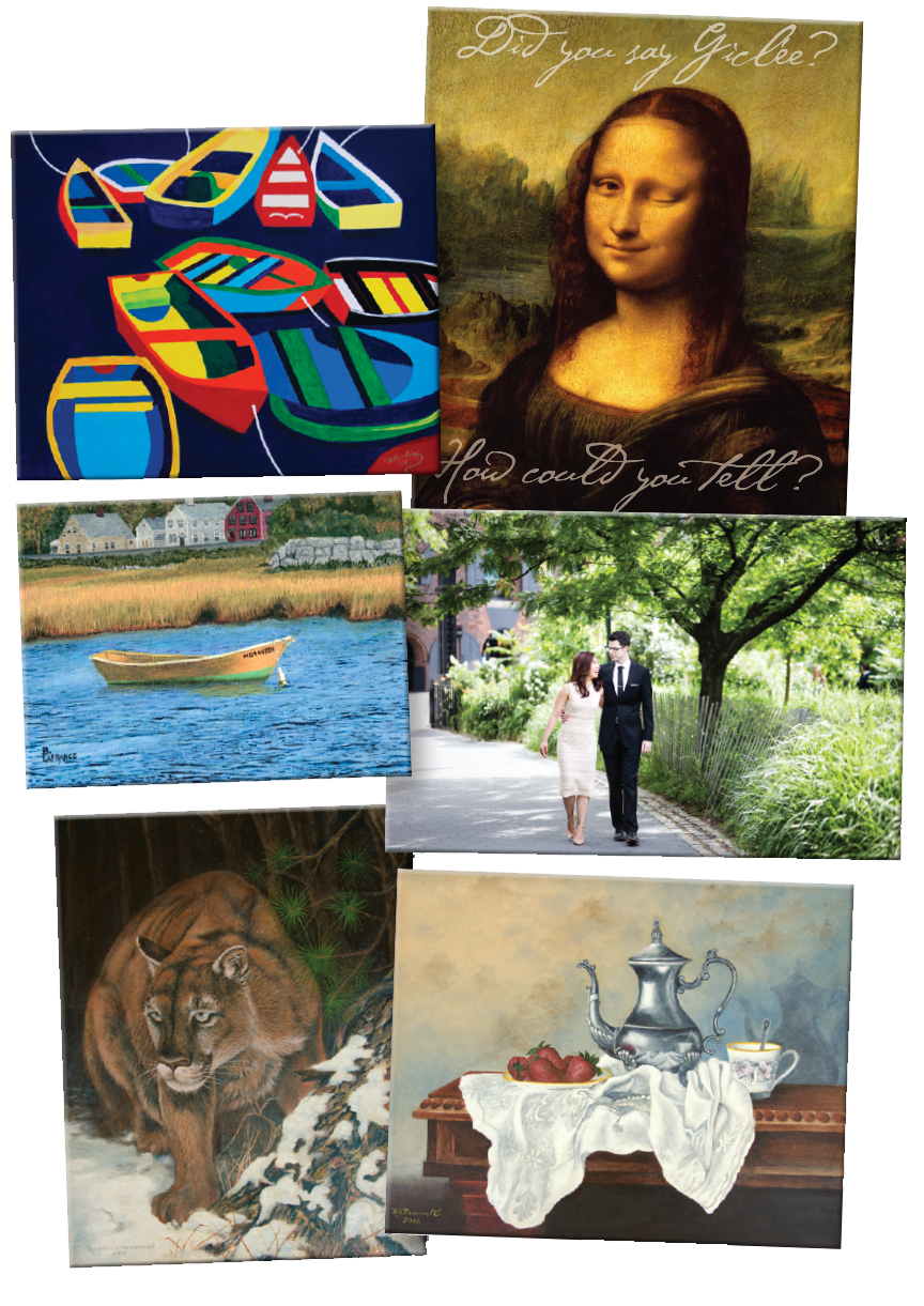 Collage of sample giclée prints including giclée of acrylic on matte canvas, giclée print of oil on satin canvas, giclée print of photo on matte canvas.